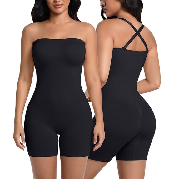 Ladies Bandeau Strapless Seamless Body Shaper Shorts, Convertible Removable Cross‑Back Strap Tummy Control Butt Lifting Shapewear Bodysuit for Wedding Gown Formal Party Dresses