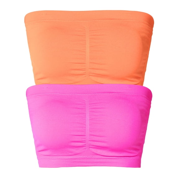 Ladies Basic 7" Seamless Padded Tube Top Sports & Fitness Bra Bandeau (2PK: Neon Orange/Neon Pink, One Size Fits All(S-L))