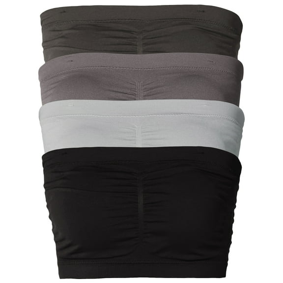 Ladies Basic 7" Seamless Padded Tube Top Sports & Fitness Bra Bandeau (4PK: Ash Grey/Mid Grey/Grey Mist/Black, One Size Fits All(S-L))