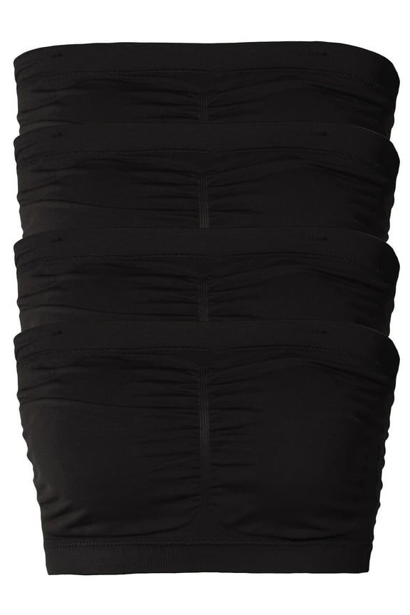 Ladies Basic 7" Seamless Padded Tube Top Sports & Fitness Bra Bandeau (4PK: Black/Black/Black/Black, One Size Fits All(S-L))