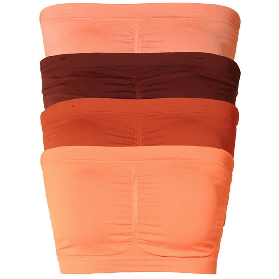 Ladies Basic 7" Seamless Padded Tube Top Sports & Fitness Bra Bandeau (4PK: Coral/Fired Brick/Copper/Neon Orange, One Size Fits All(S-L))