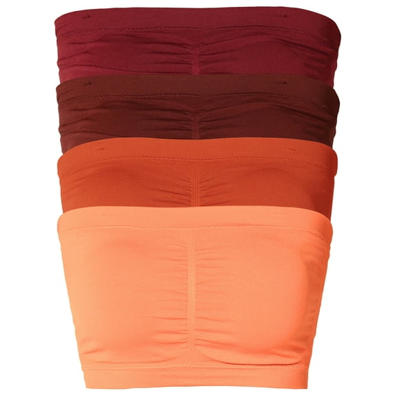 Ladies Basic 7" Seamless Padded Tube Top Sports & Fitness Bra Bandeau (4PK: DK Burgundy/Fired Brick/Copper/Neon Orange, One Size Fits All(S-L))