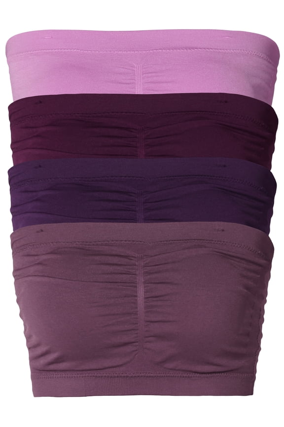 Ladies Basic 7" Seamless Padded Tube Top Sports & Fitness Bra Bandeau (4PK: DK Mauve/DK Plum/DK Purple/Eggplant, One Size Fits All(S-L))