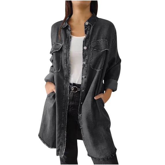 Ladies Basic Denim Jacket Mid Length Denim Jacket Womens Plus Size Jean Shirts Loose Long Sleeve Button Denim Trench Coat Gray XL