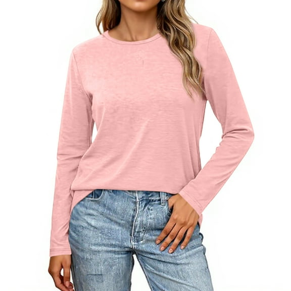 Ladies’ Basic Long Sleeve T Shirt – Solid Color Casual Round Neck Top, Lightweight Polyester Spandex Shirt Pink