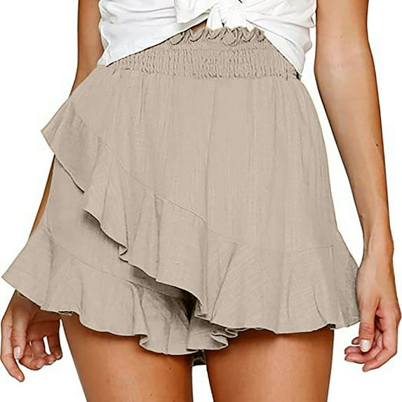 uublik Ladies Bermuda Shorts High Waist Ruffles Short Basketball Shorts Women Beige S