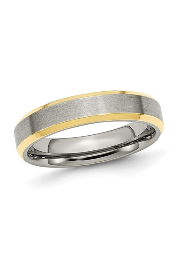 Mens Beveled Edge Stainless Steel 5mm Wedding Band Ring with Yellow Plating for Men