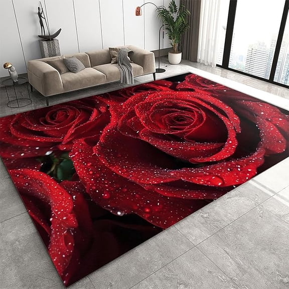 Ladies Big Red Rose Area Rug, Romantic Rose Symbolizing Love Rugs for Bedroom, Low Pile Soft Non-Slip Carpet for Woman Bedside Living Room Kitchen Dining Room Decor Floor Mat 2 x 3ft