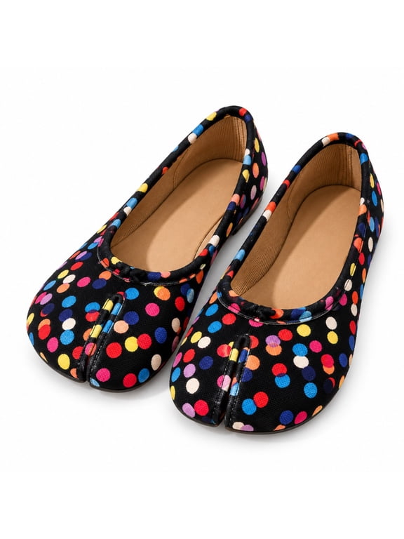 Ladies Black Base Colored Polka Polka Dot Tabi Split Toe Ballet Flats, Soft Fabric Shallow Niche Split Toe Flats