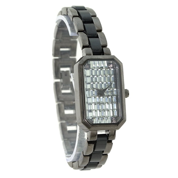 Ladies Black Clubbing business watch 22mm 11mm case. CZ dial, 12mm wide black metal link bracelet fits 8 inches wrist.