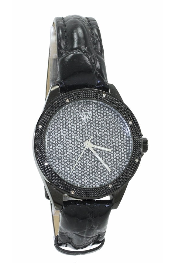 Ladies Black Diamond Party watch 36mm 11mm thick case. Diamond accent bezel, Black bling dial, 14mm black leather strap fits 7.5-9 inches wrist.