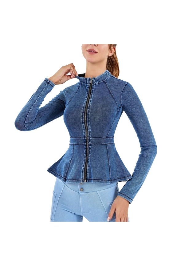 Ladies Blazers Casual Women's Denim Jackets Peplum Round Neck Long Sleeve Zip Front Cropped Stretchy Athletic Workout Ruffle Coats Sky Blue XXL