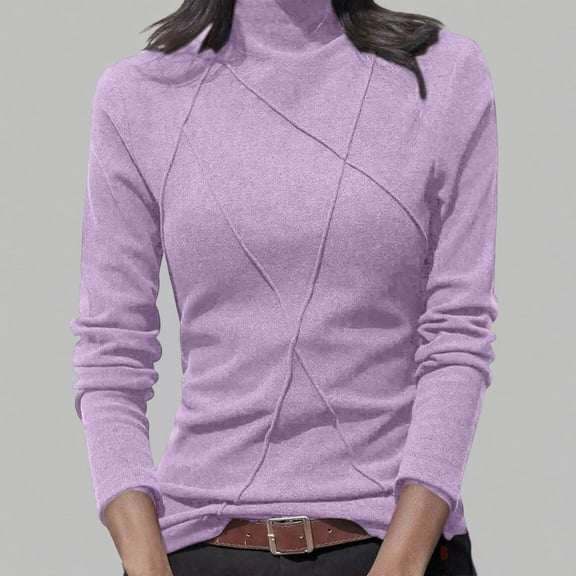 Ladies Blouses Casual New Women's Close Fitting Solid Color Round Neck Stand up Collar Tops Base Shirt T-Shirt with Velvet Base Long Sleeved Round Neck Tops/Shirt Style B-35 Purple M