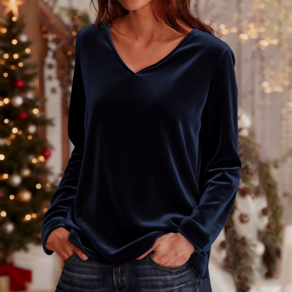 Ladies Blouses Dressy Casual Long Sleeve New Fashion Women's Comfortable V-Neck Long Sleeve Solid Casual T-Shirt Blouse Style B-26 Navy XXL