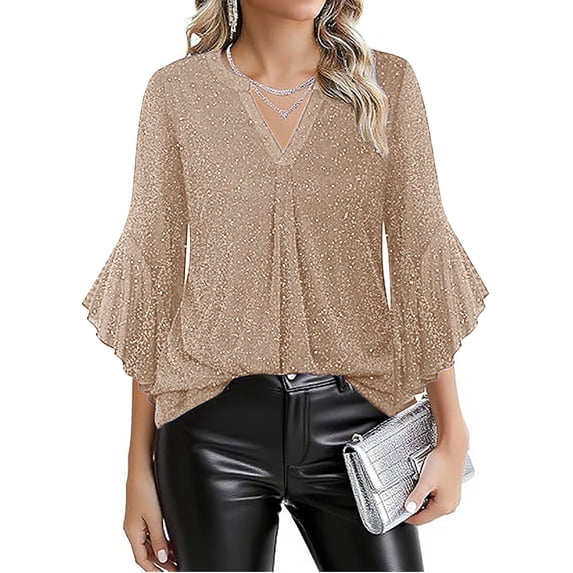 Ladies Blouses Dressy Casual Long Sleeve New Women's Color Mesh Gold-Foiled Sparkling Breathable Party Gathering 3/4 Sleeve Three-Quarter Sleeve V-Neck Tops Style B-31 Beige XL