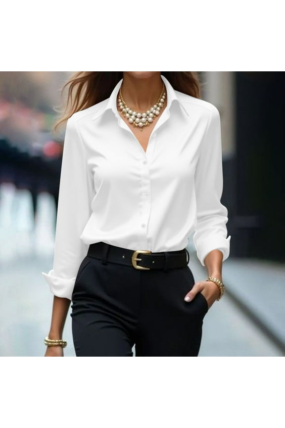 Ladies Blouses Dressy Casual New Satin Tops for Women Casual Button down Shirts Silk Long Sleeve Work Shirt Fall Business Blouse Dressy Clothes White S