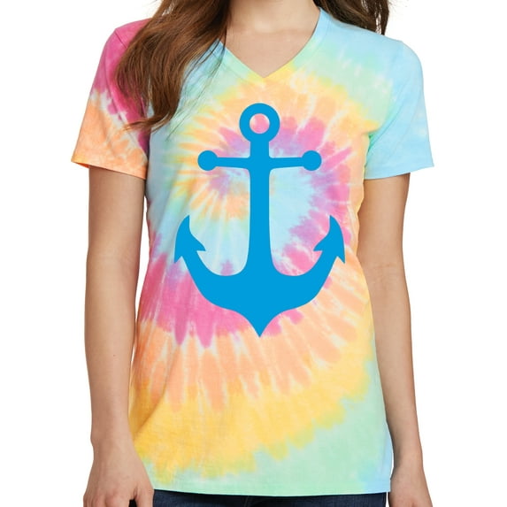 Ladies Blue Anchor V-neck Tie Dye Tee - Pastel Rainbow, Medium