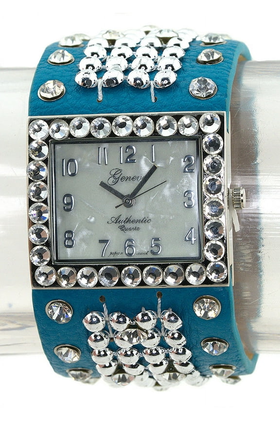 Ladies Blue Leather silver-tone clubbing watch 36x31mm 11mm thick case. CZ bezel, Mop dial, 37mm wide CZ Blue leather strap fits 7-8 inches wrist.