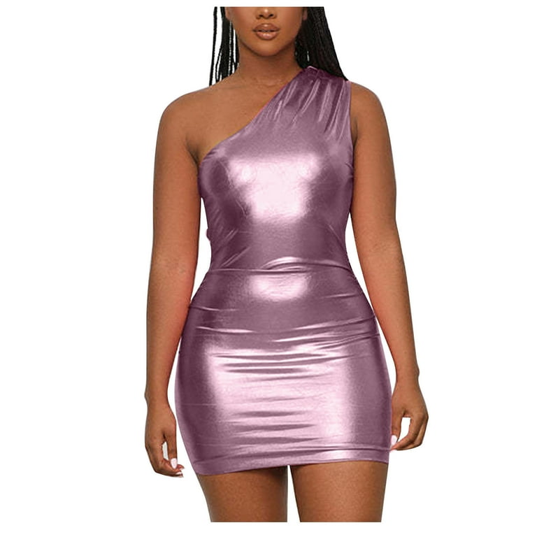 Ladies Bodycon Metallic Mini Dress Halter Corset Drawstring Ruched Backless Party Club Short Dresses Large Purple One Shoulder Walmart