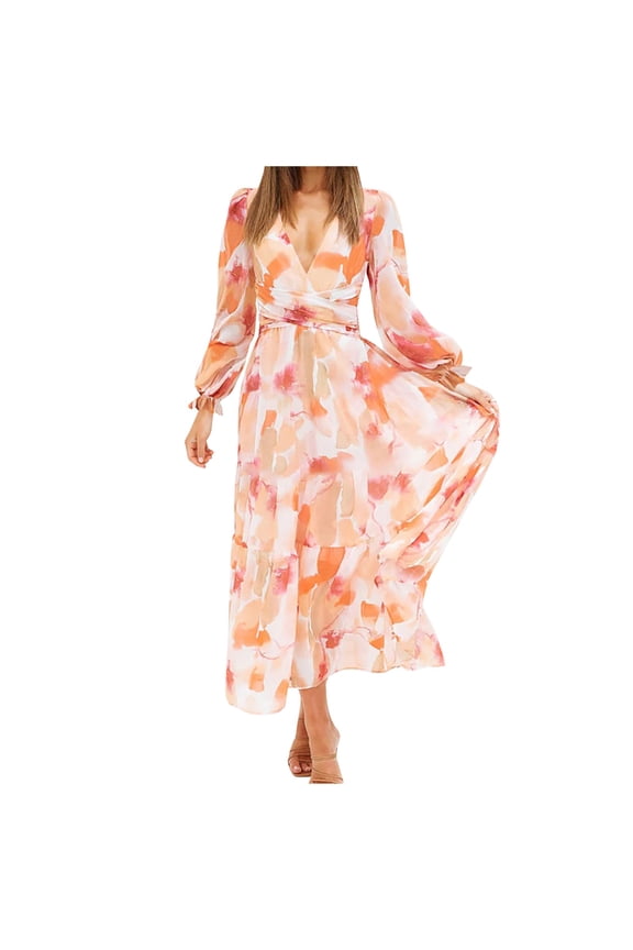 Ladies Bohemian Maxi Dresses For Women Floral Print Deep V-Neck Long Sleeve Spring Summer Ruched High Waist Casual Stylish Cozy Long Dress Elegant Vacation Dress