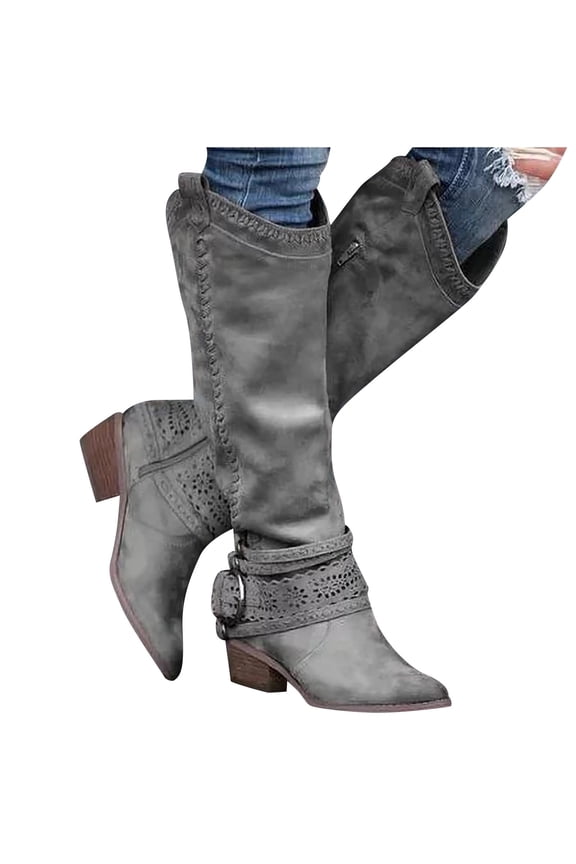 Ladies Boots Women Fashion Cowboy Riding Casual Warm Middle Heels Middle Tube Shoes Knee High Boots Side Zipper Soft Shoes for Women Comfortable Pointed Toe Slouchy Boots with Buckle Straps