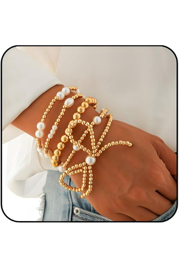 Ladies Bow Bracelet, Gold Beaded Pearl Bracelet, Stacked Beads, Fashion Bracelet, Delicate Christmas Anniversary Birthday Jewellery Gift