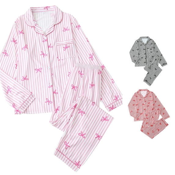 Ladies Bow Print Pajama Set Long Sleeve Top with Pants Two Piece Nightwear
