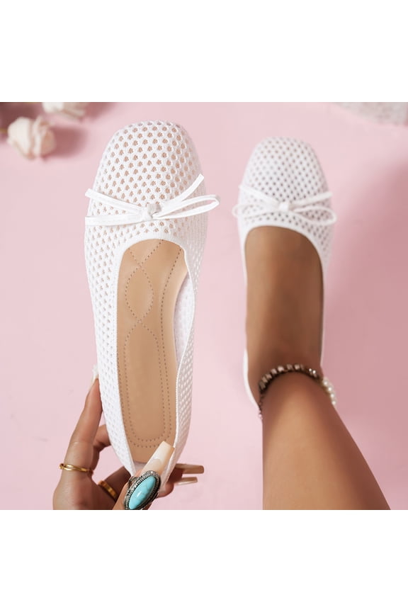 Ladies' Bowknot-Decorated Mesh Sheer-Colored Square-Toe Ballet Flat Shoes, Fashionable Casual Shoes for Weekend Shopping and Café Gatherings