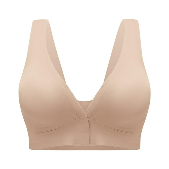 Ladies Bras Front Closure, Hugcore Front Closure Bras for Women No Underwire Comfy Poweful Bra Spagetti Straps V Neck Anti Sagging Everyday Bras Front Closure Bras for Seniors Beige S