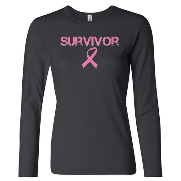 Ladies Breast Cancer Survivor Long Sleeve Cotton Tee - Black, 2XL