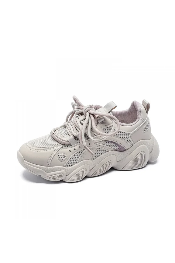Ladies Breathable Mesh Panel PU Dad Shoes, Thick Sole Elevated Fashion Sneakers for Daily Street Outfits