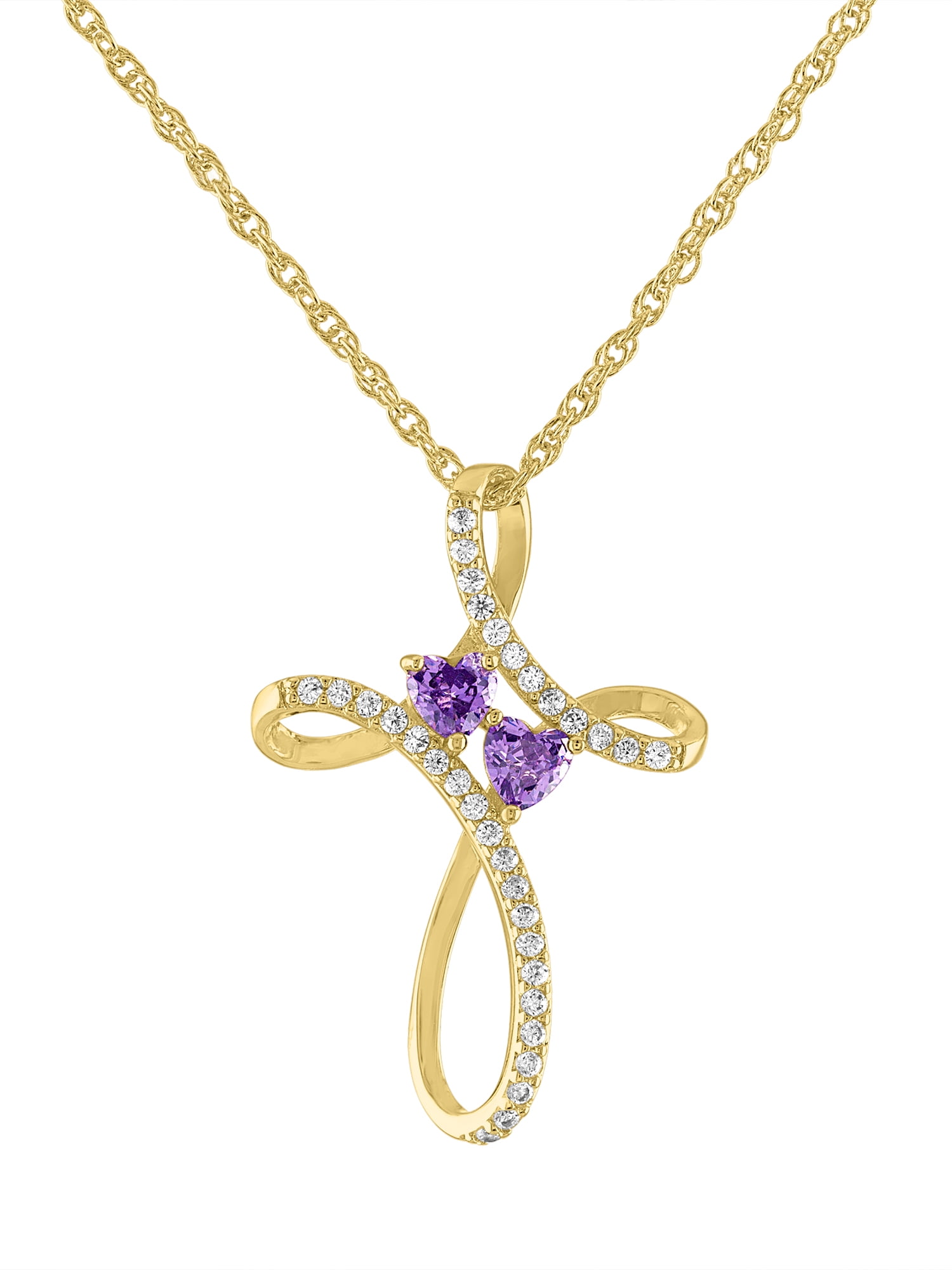 Ladies Brilliance Fine Jewelry 14 Kt Gold Plated Simulated Amethyst & CZ Cross Pendant, 18"