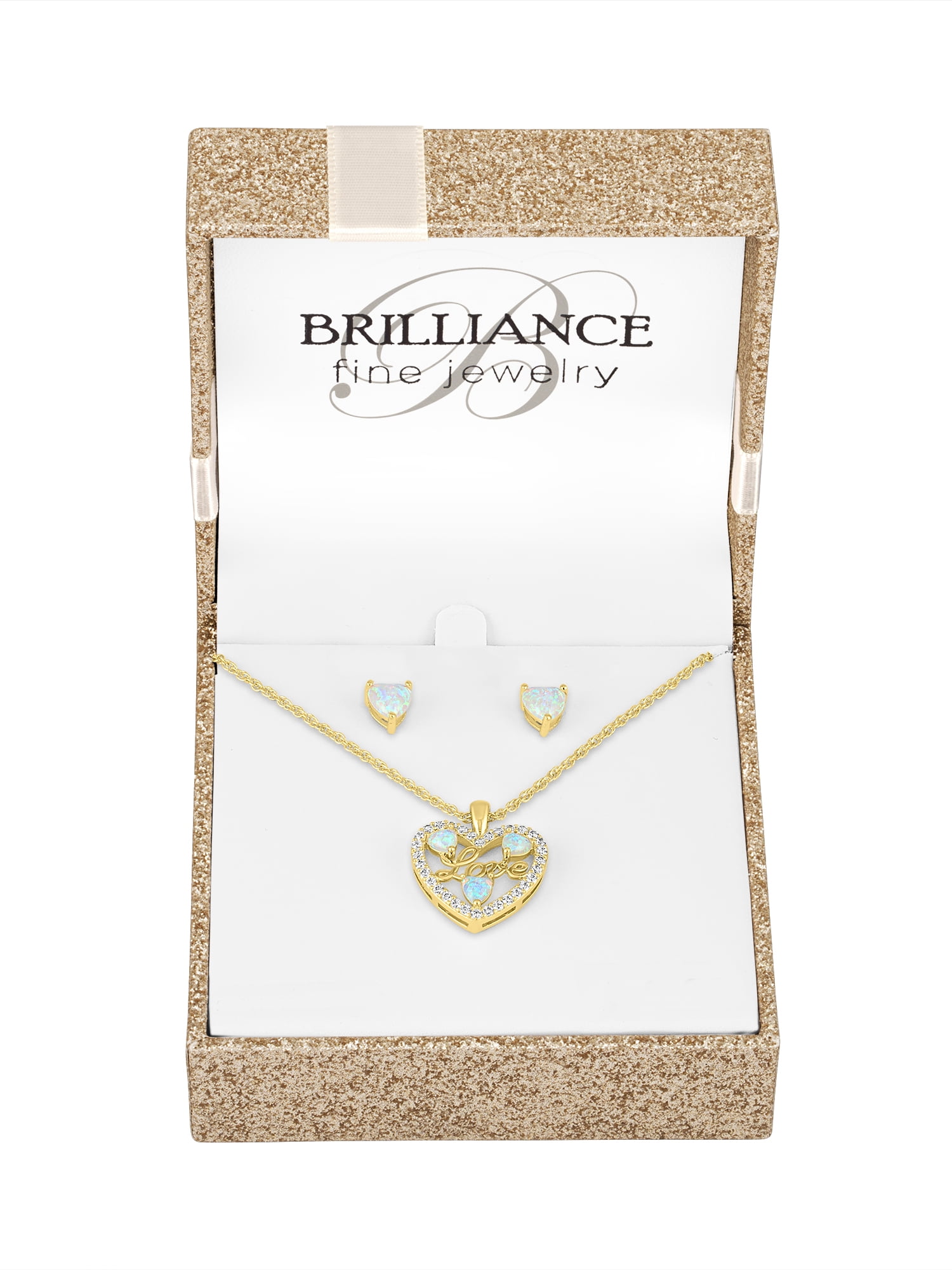Ladies Brilliance Fine Jewelry 14 Kt Gold Plated Simulated Opal and CZ Pendant & Earring Set