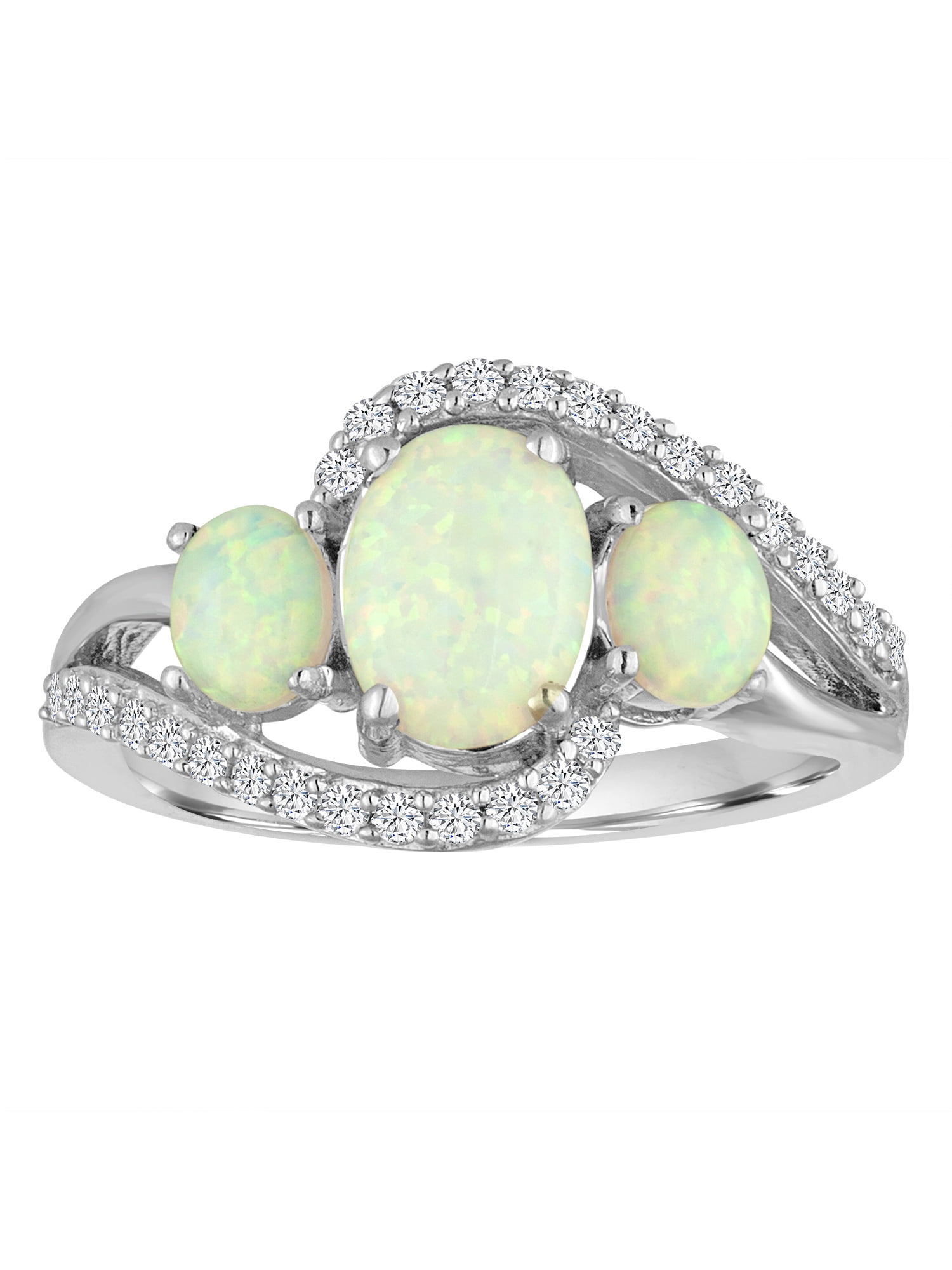 Ladies Brilliance Fine Jewelry Lab-Created Opal and CZ Sterling Silver 3-Stone Ring