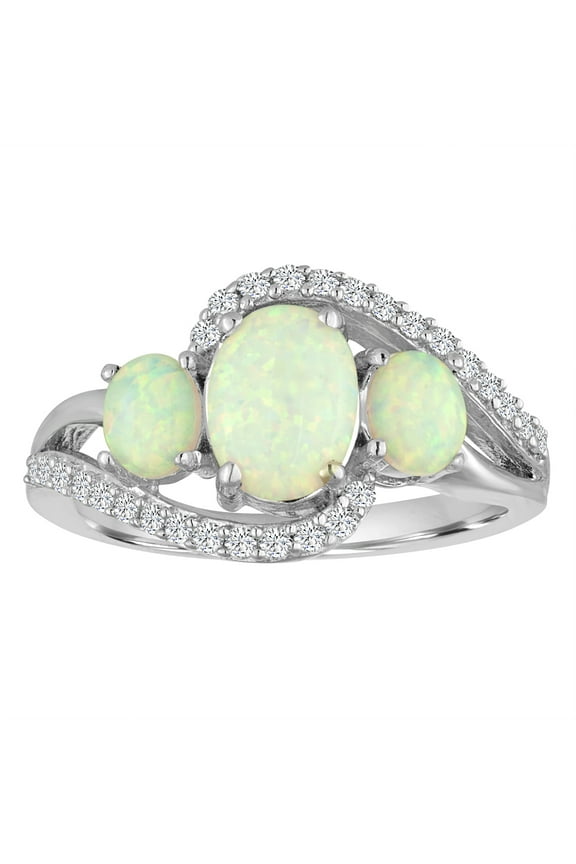 Ladies Brilliance Fine Jewelry Lab-Created Opal and CZ Sterling Silver 3-Stone Ring