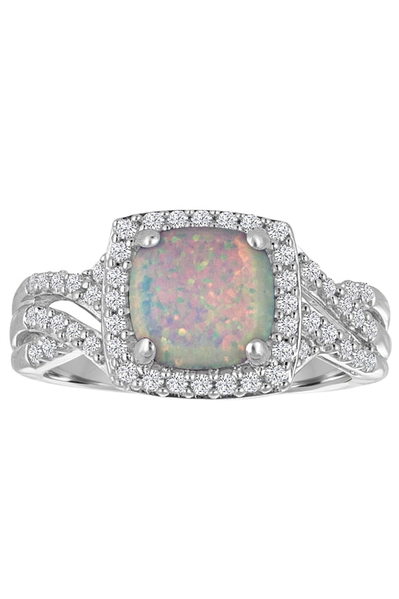 Ladies Brilliance Fine Jewelry Lab-Created Opal with CZ Accents Sterling Silver Cushion Ring