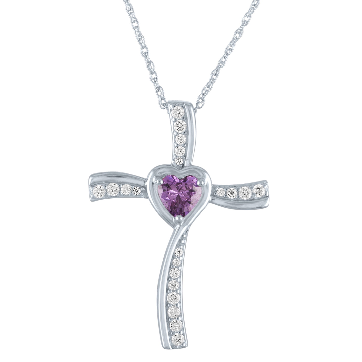 Ladies Brilliance Fine Jewelry Simulated Amethyst and CZ Sterling Silver Cross Pendant, 18"