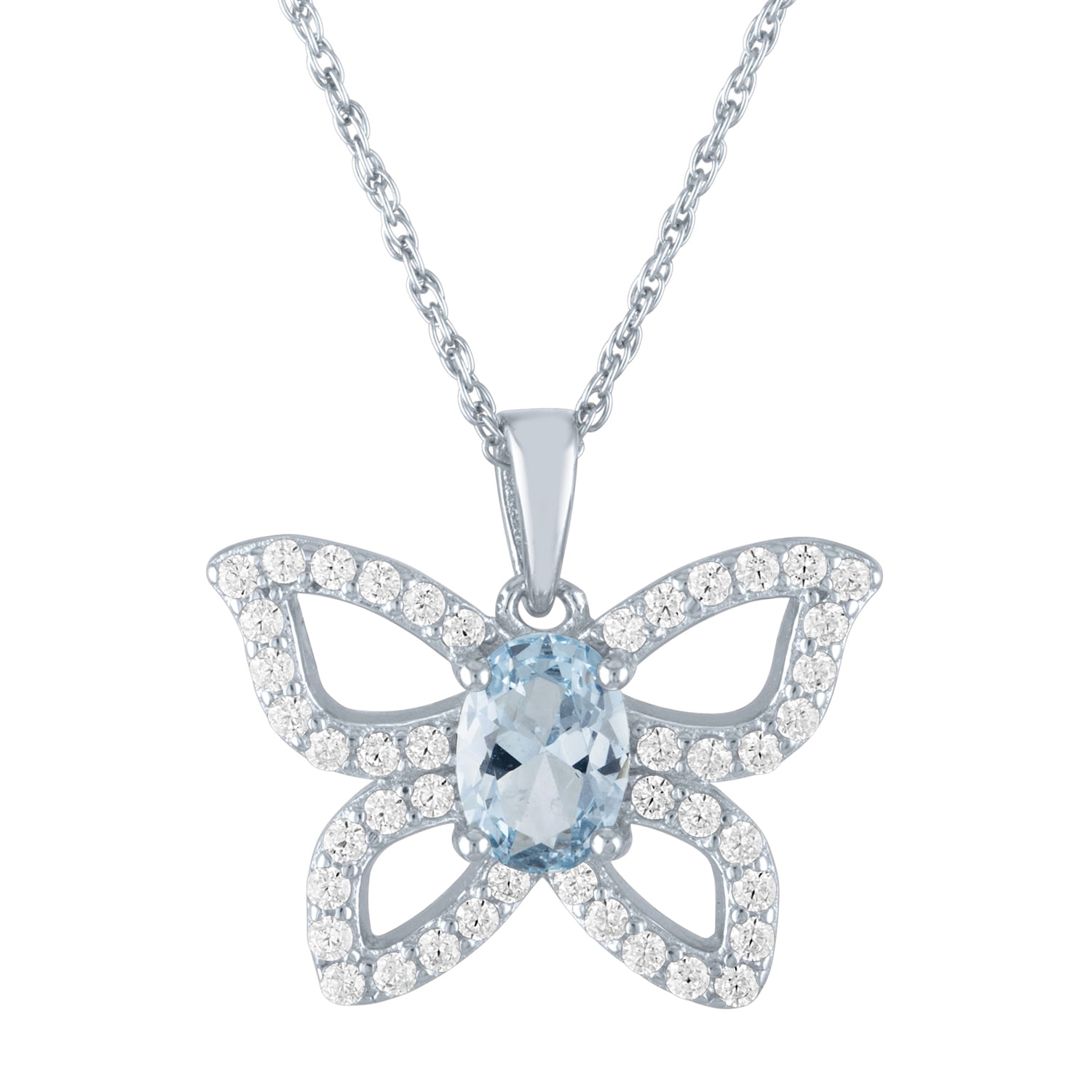 Ladies Brilliance Fine Jewelry Simulated Aquamarine and CZ Sterling Silver Butterfly Pendant, 18"