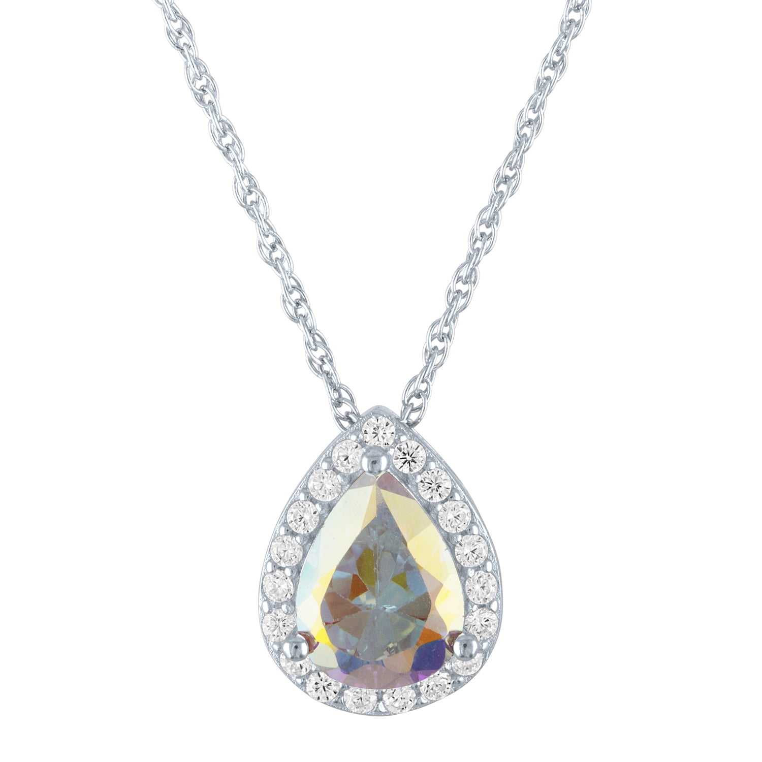 Ladies Brilliance Fine Jewelry Simulated Aurora Borealis and CZ Sterling Silver Pear Shape Pendant, 18"