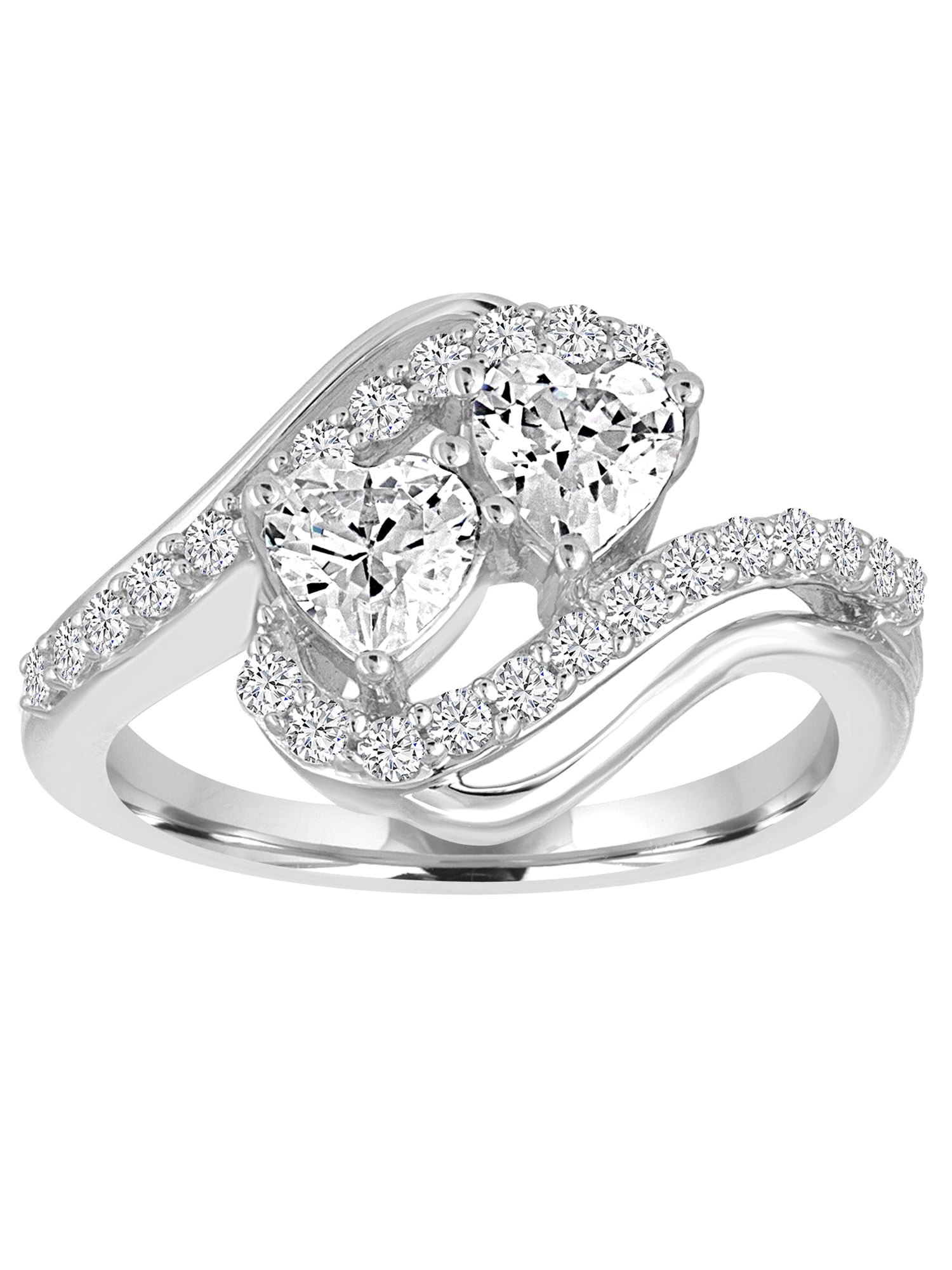 Ladies Brilliance Fine Jewelry Simulated Diamond Sterling Silver 2-Stone Heart Bypass Ring