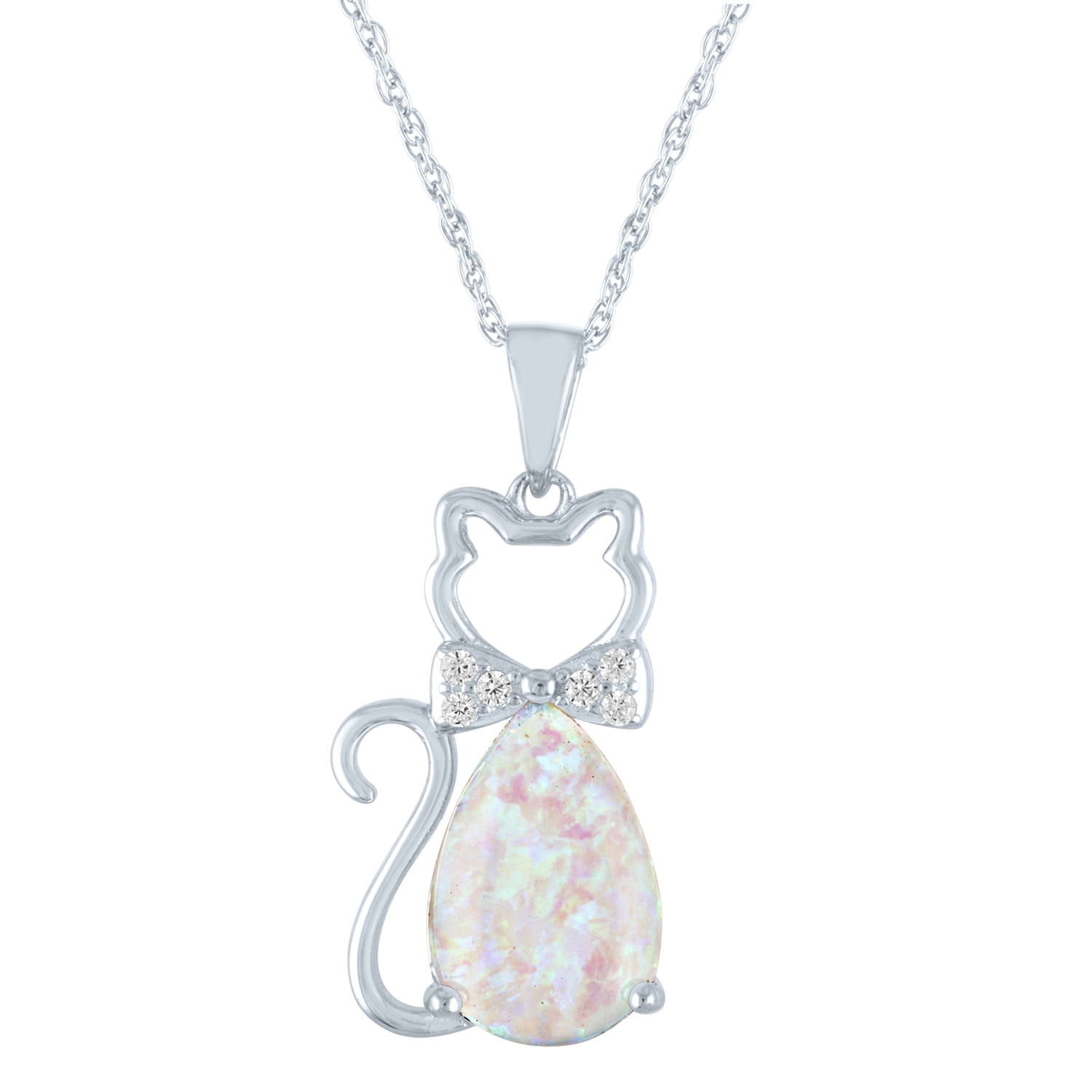 Ladies Brilliance Fine Jewelry Simulated Opal and CZ Sterling Silver Cat Pendant, 18"