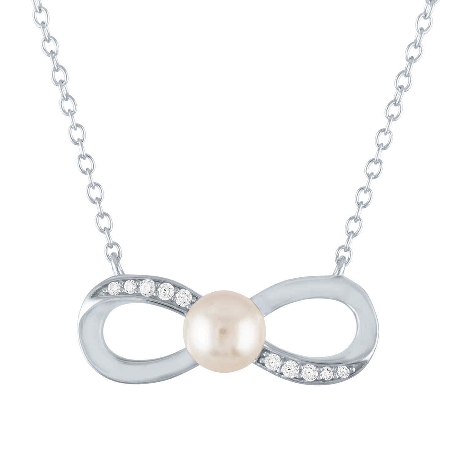 Ladies Brilliance Fine Jewelry Simulated Pearl & CZ Sterling Silver Infinity Necklace, 18"