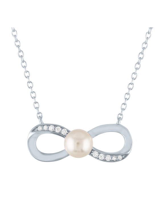 Ladies Brilliance Fine Jewelry Simulated Pearl & CZ Sterling Silver Infinity Necklace, 18"