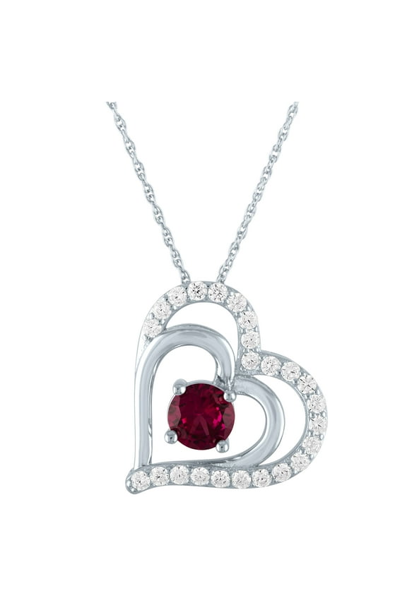 Ladies Brilliance Fine Jewelry Simulated Ruby and CZ Sterling Silver Heart Pendant, 18"