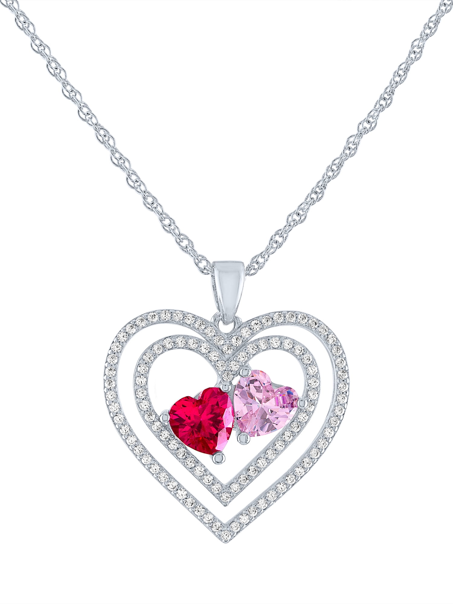 Ladies Brilliance Fine Jewelry Sterling SIlver Plated Simulated Ruby, Pink Sapphire & CZ Love Pendant, 18"