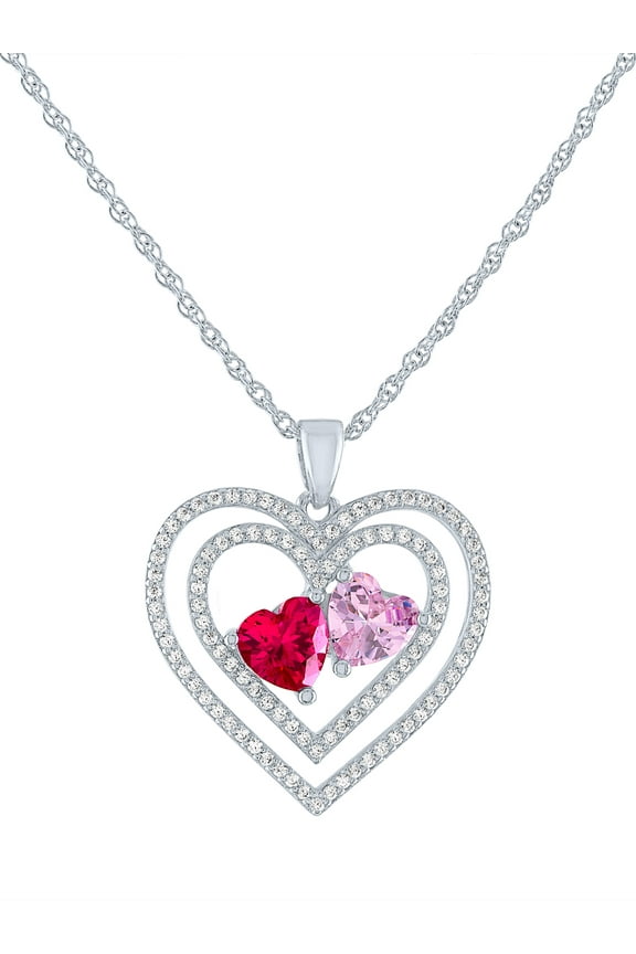Ladies Brilliance Fine Jewelry Sterling SIlver Plated Simulated Ruby, Pink Sapphire & CZ Love Pendant, 18"