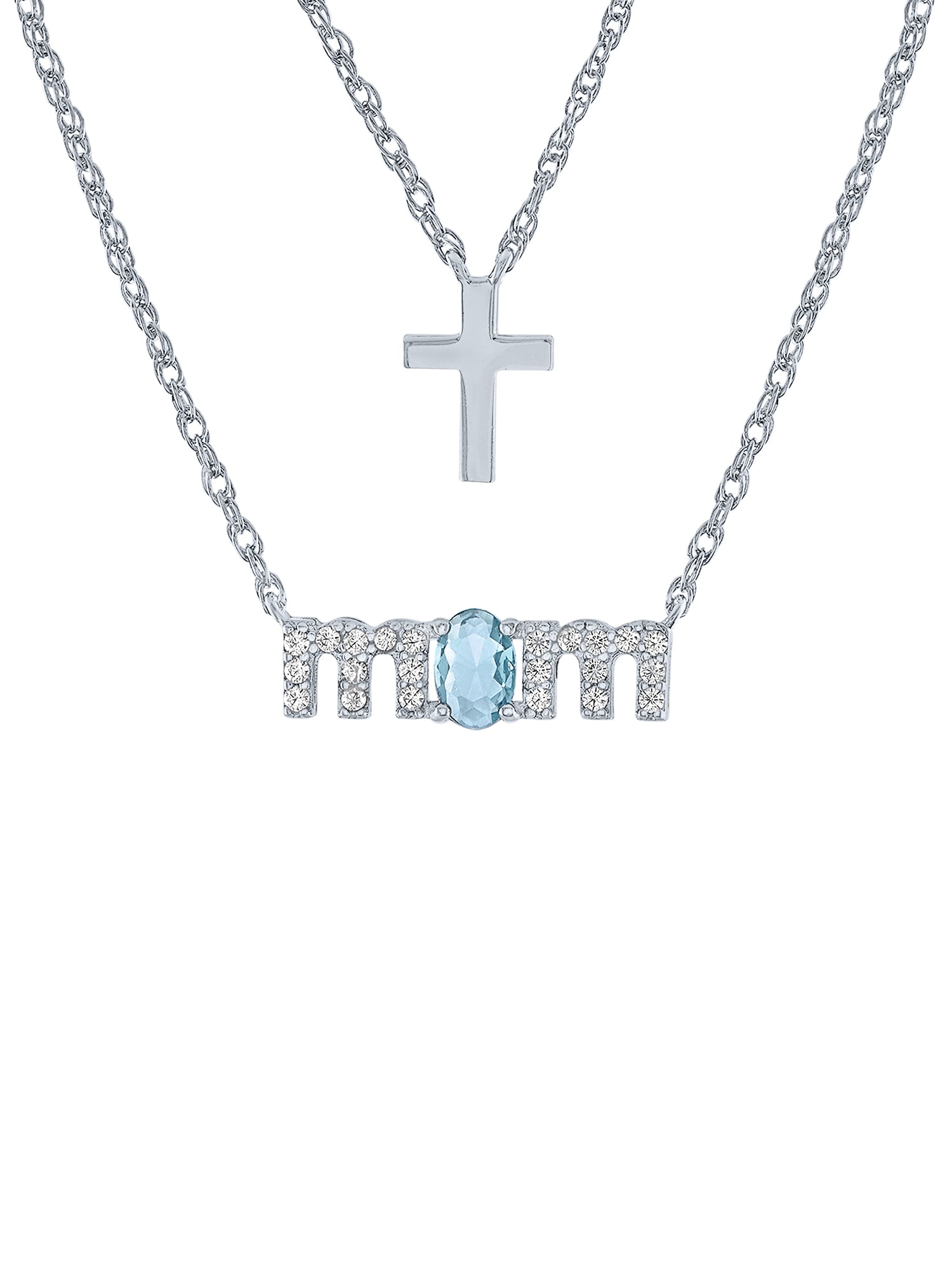 Ladies Brilliance Fine Jewelry Sterling Silver Plated Similated Blue Topaz & CZ Mom Cross Pendant, 18"