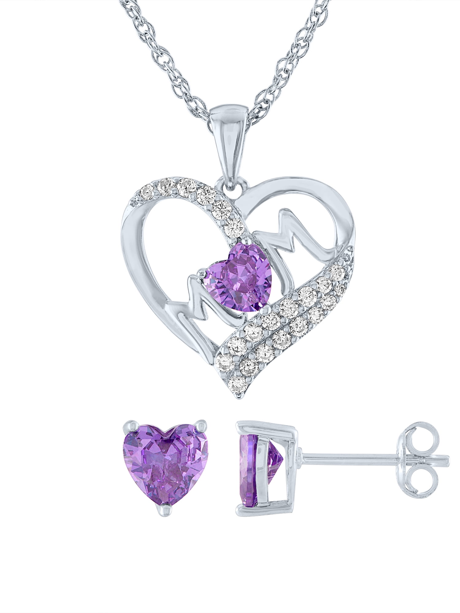 Ladies Brilliance Fine Jewelry Sterling Silver Plated Simulated Amethyst and CZ Mom Heart Pendant & Earring Set