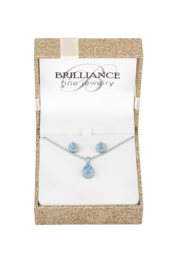 Ladies Brilliance Fine Jewelry Sterling Silver Plated Simulated Blue Topaz & CZ Pendant and Earring set