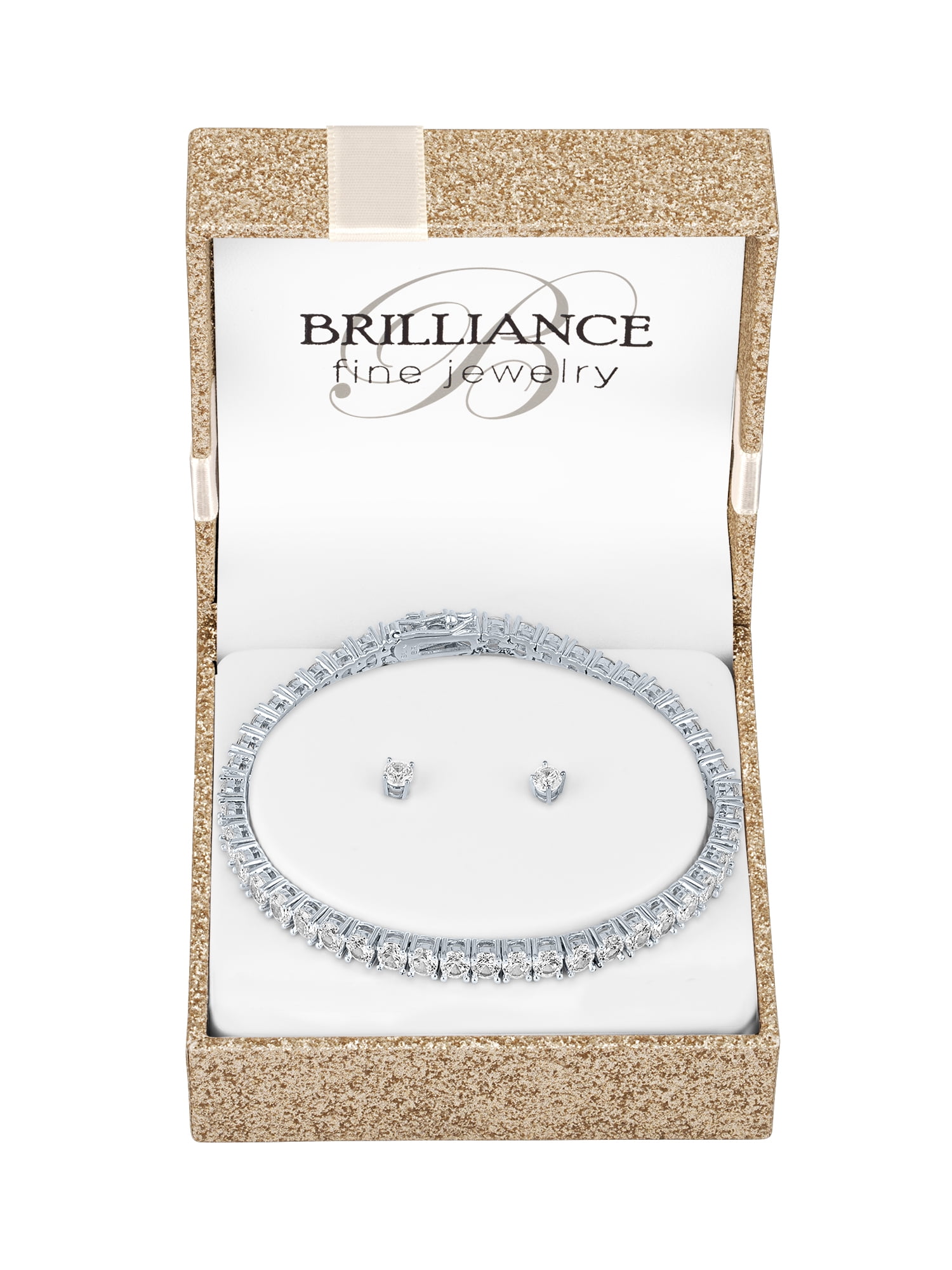 Ladies Brilliance Fine Jewelry Sterling Silver Plated Simulated Diamond Bracelet & Earring Set